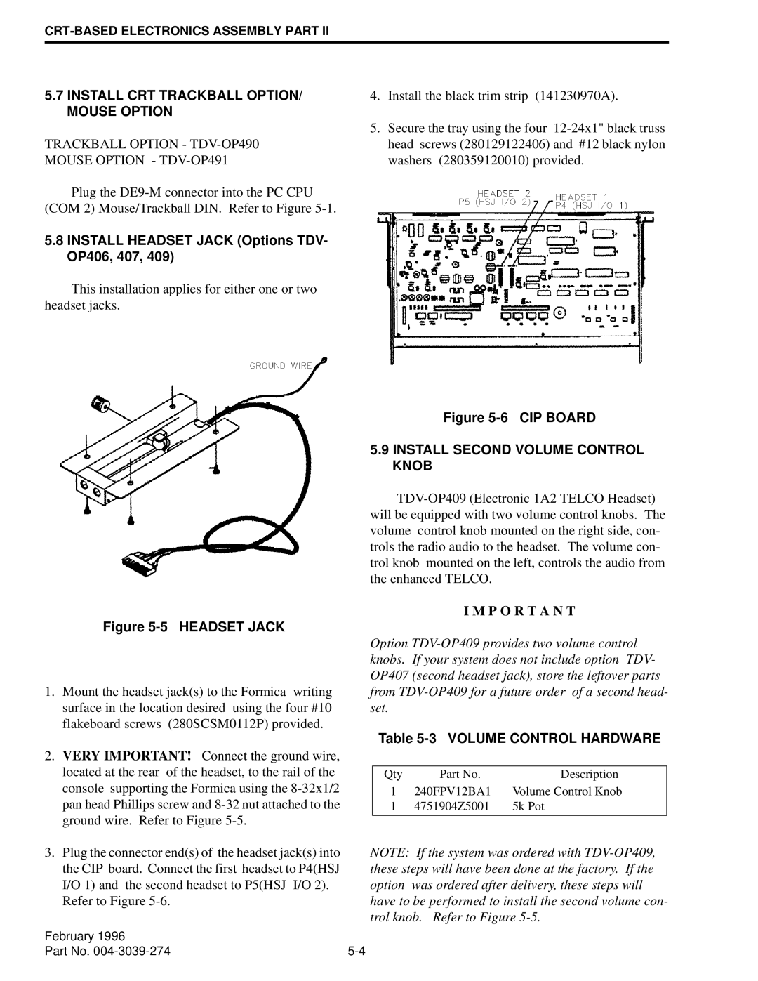 EFJohnson VR-CM50 manual Install CRT Trackball OPTION/ Mouse Option, Install Headset Jack Options TDV- OP406, 407 