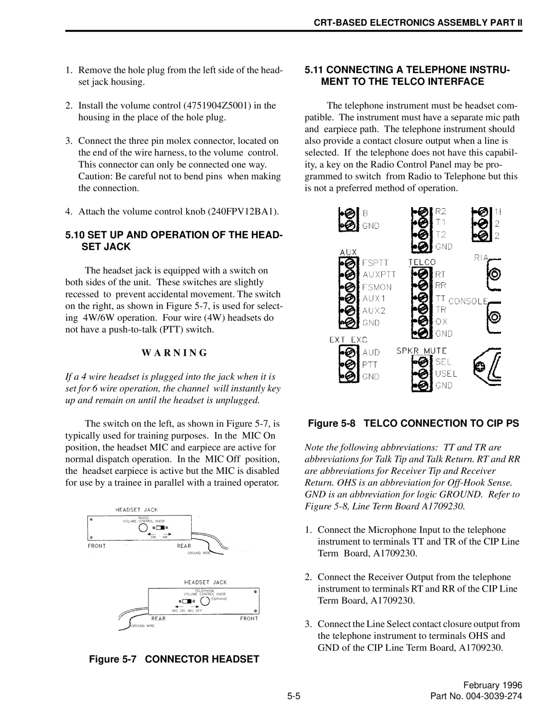 EFJohnson VR-CM50 manual SET UP and Operation of the HEAD- SET Jack, Connector Headset 