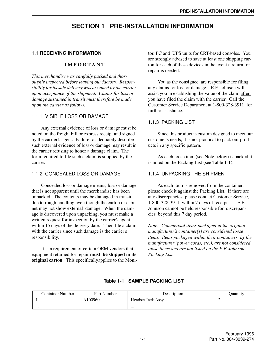 EFJohnson VR-CM50 manual Receiving Information, Sample Packing List 