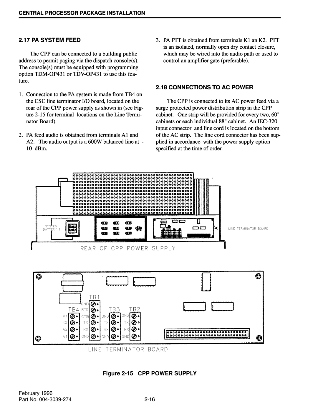 EFJohnson VR-CM50 manual Pa System Feed, 2.18CONNECTIONS TO AC POWER, 15CPP POWER SUPPLY, February, 2-16 