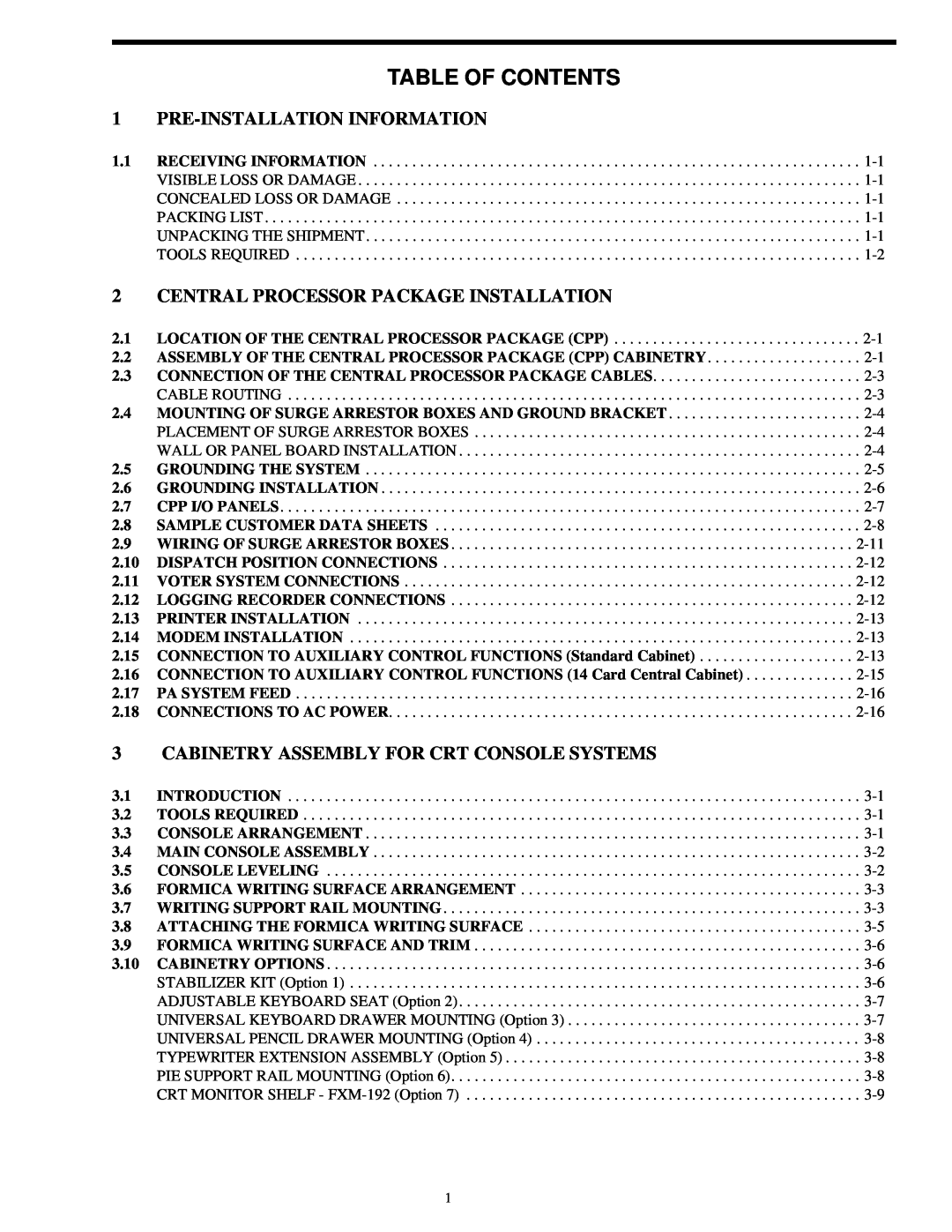 EFJohnson VR-CM50 manual Table Of Contents, Pre-Installationinformation, Central Processor Package Installation 