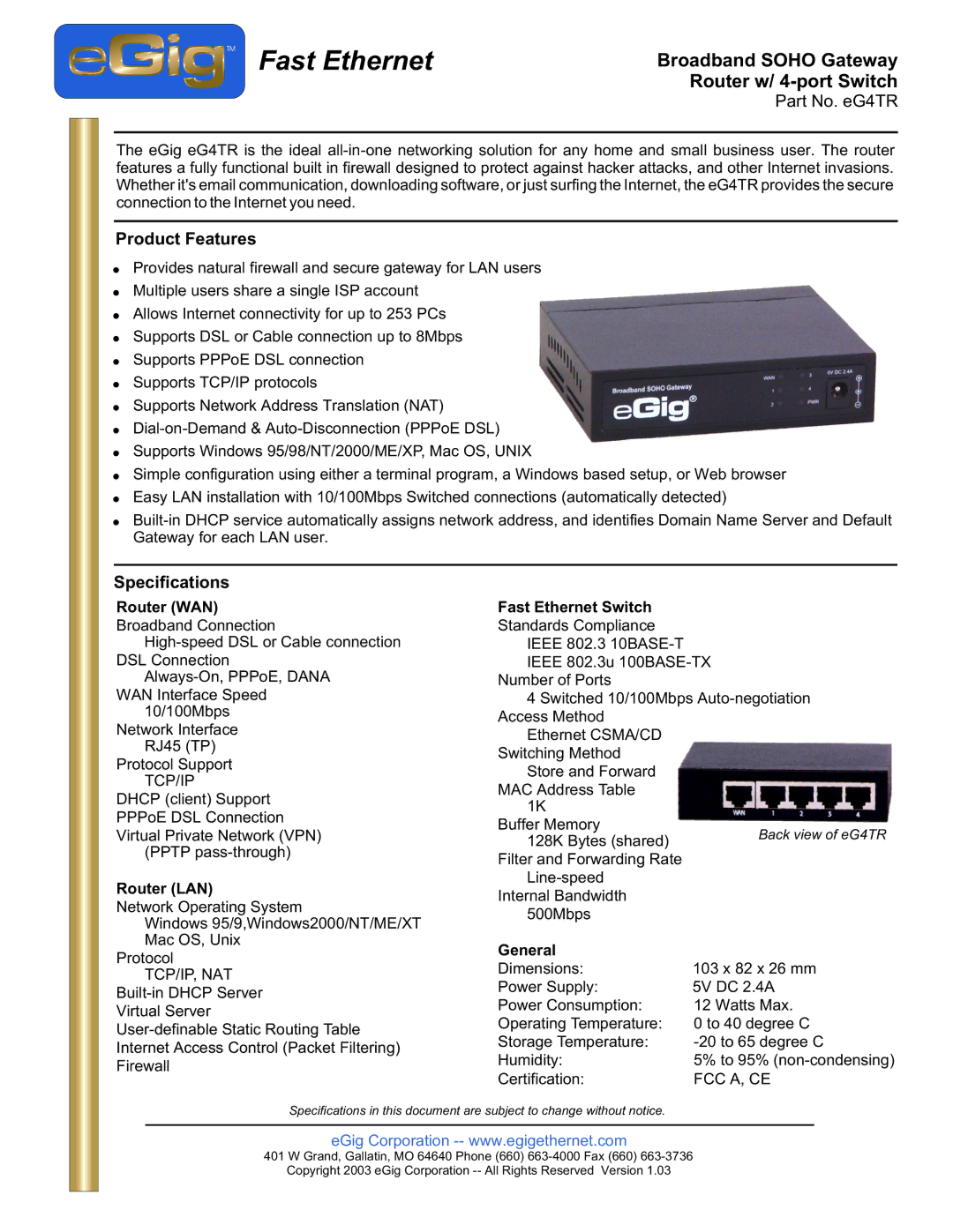 EGig eG4TR manual Product Features, Specifications 