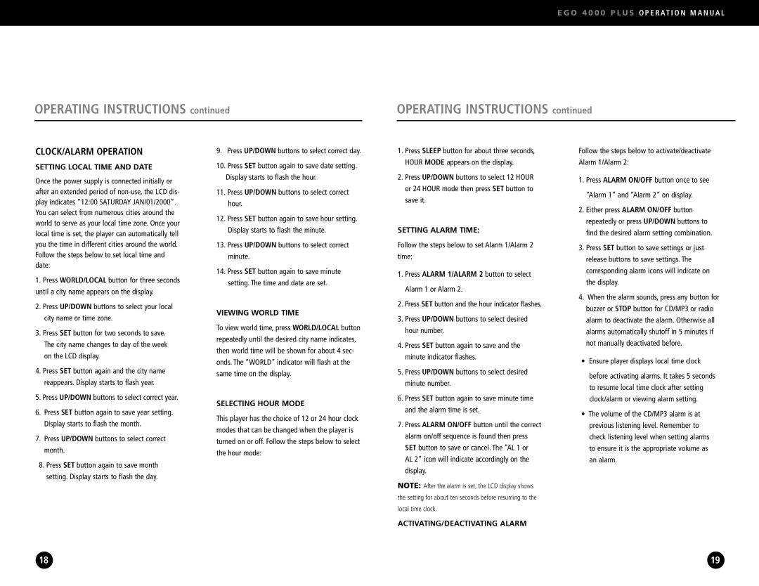 Ego Technology 4000 Plus manual CLOCK/ALARM Operation 