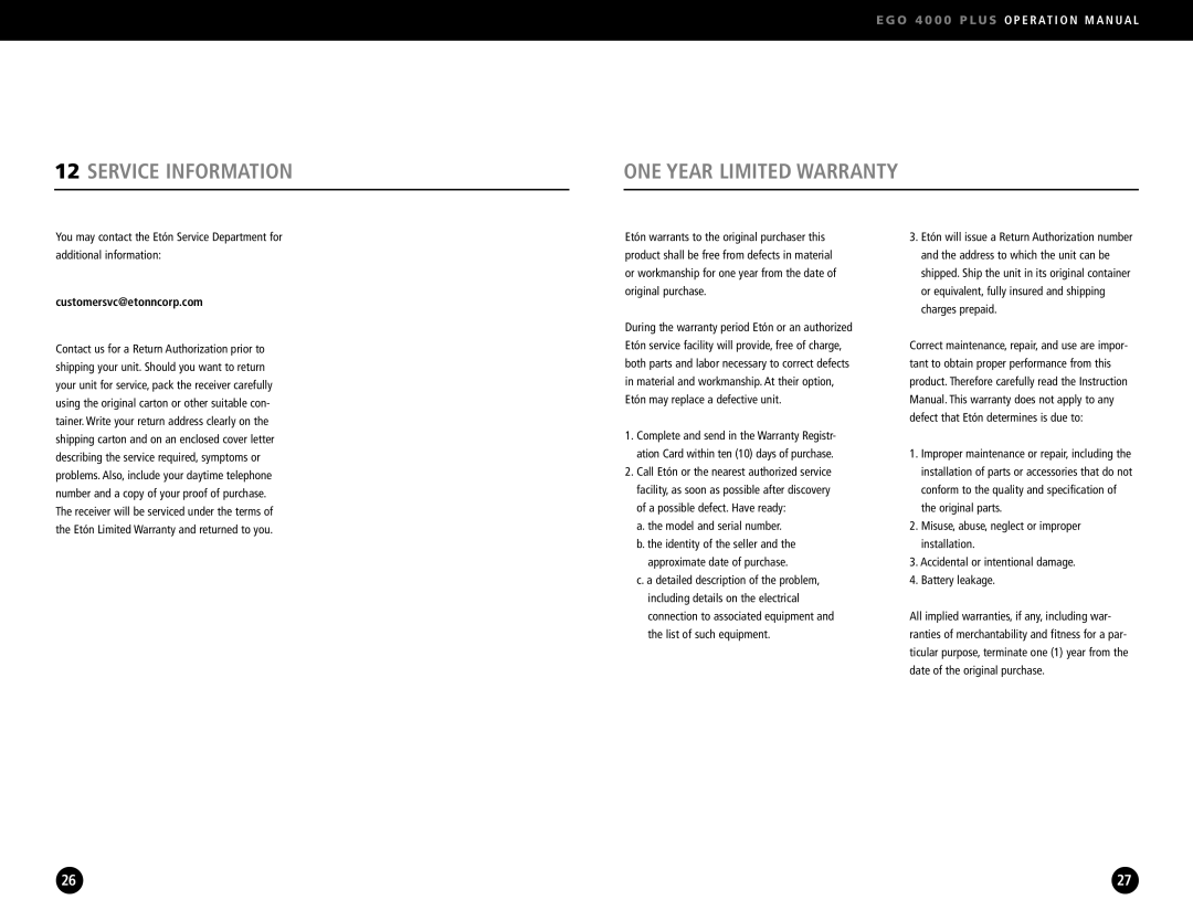 Ego Technology 4000 Plus manual Service Information, ONE Year Limited Warranty, Customersvc@etonncorp.com 