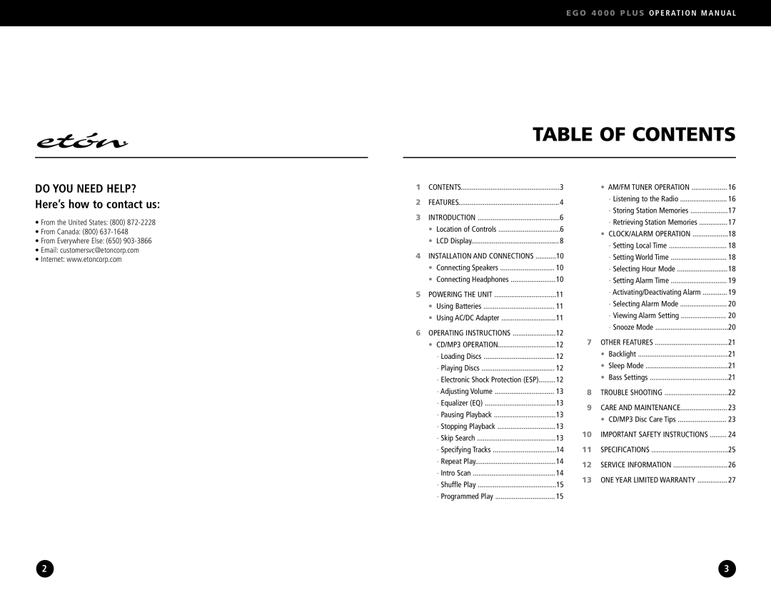 Ego Technology 4000 Plus manual Table of Contents 