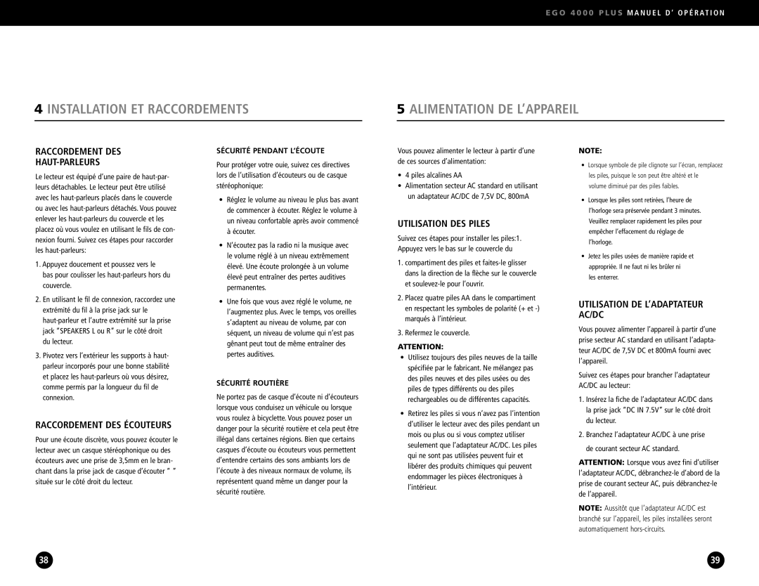 Ego Technology 4000 Plus manual Installation ET Raccordements Alimentation DE L’APPAREIL, Raccordement DES HAUT-PARLEURS 
