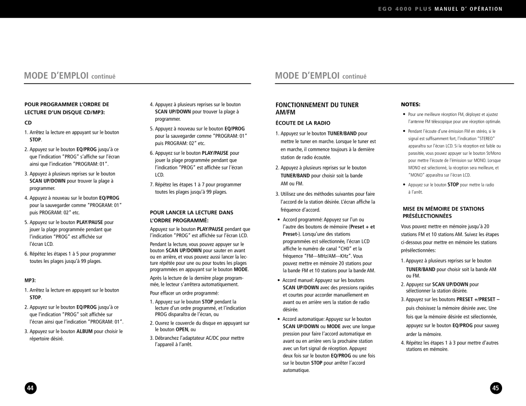 Ego Technology 4000 Plus manual Fonctionnement DU Tuner AM/FM, Pour Programmer L’ORDRE DE Lecture D’UN Disque CD/MP3 