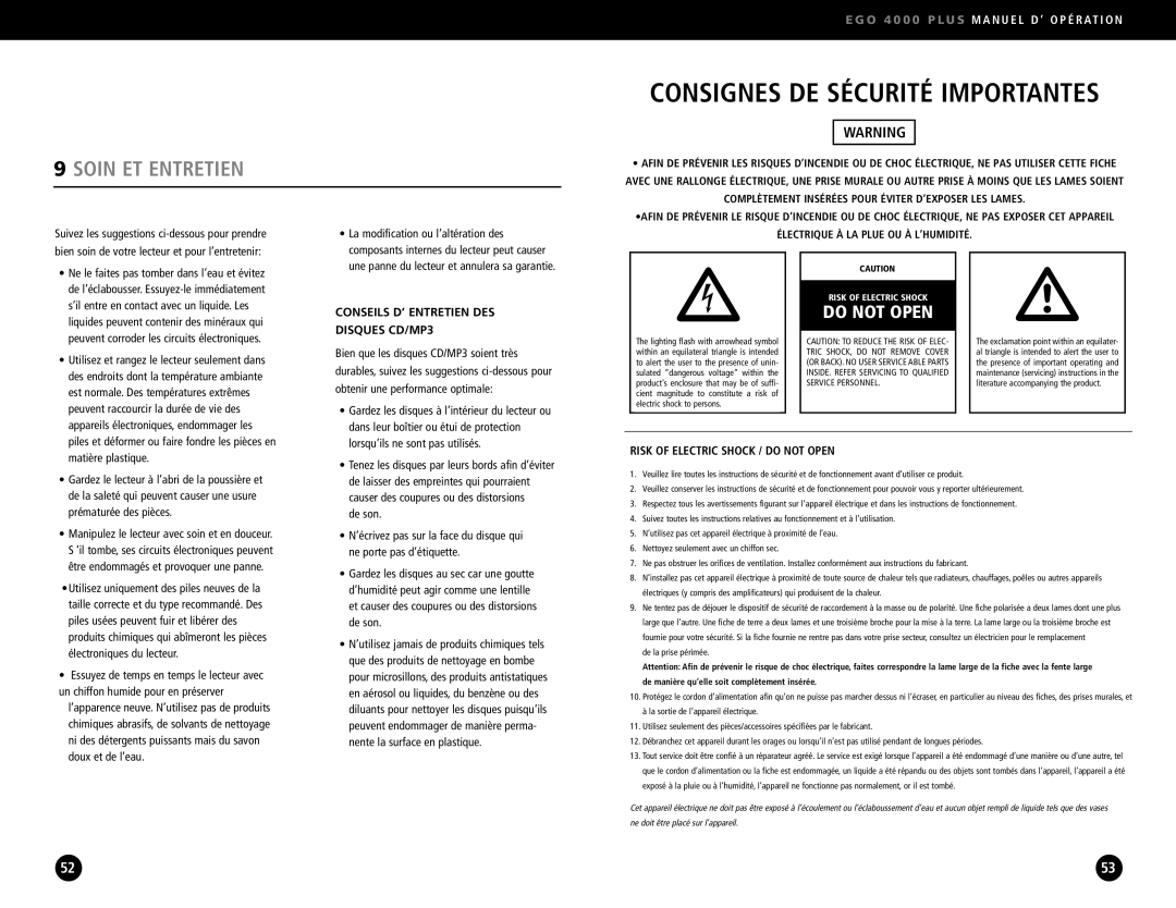 Ego Technology 4000 Plus manual Soin ET Entretien, Conseils D’ Entretien DES Disques CD/MP3 