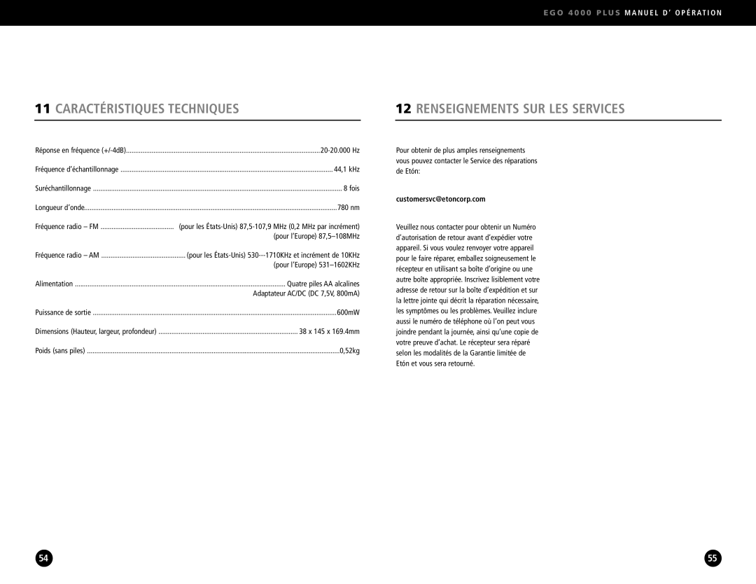 Ego Technology 4000 Plus manual Caractéristiques Techniques, Renseignements SUR LES Services, Customersvc@etoncorp.com 