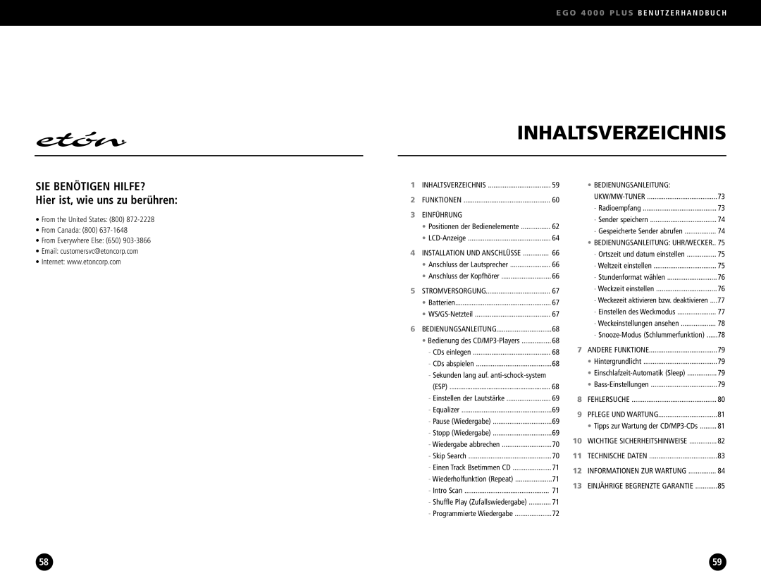 Ego Technology 4000 Plus manual Inhaltsverzeichnis, Sekunden lang auf. anti-schock-system 