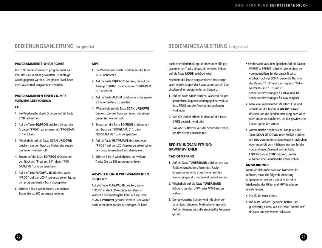 Ego Technology 4000 Plus manual Bedienungsanleitung UKW/MW-TUNER, Programmierte Wiedergabe, Radioempfang 