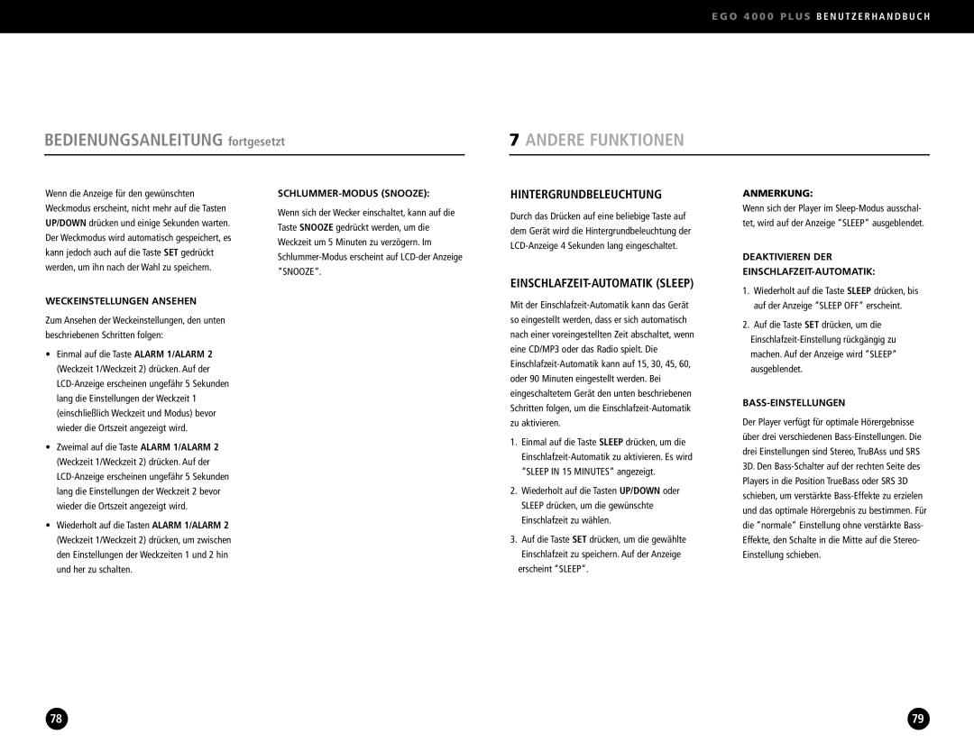 Ego Technology 4000 Plus manual Hintergrundbeleuchtung, EINSCHLAFZEIT-AUTOMATIK Sleep 