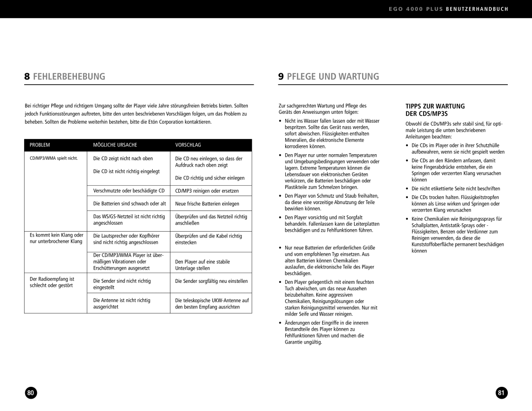 Ego Technology 4000 Plus manual Fehlerbehebung Pflege UND Wartung, Tipps ZUR Wartung DER CDS/MP3S 