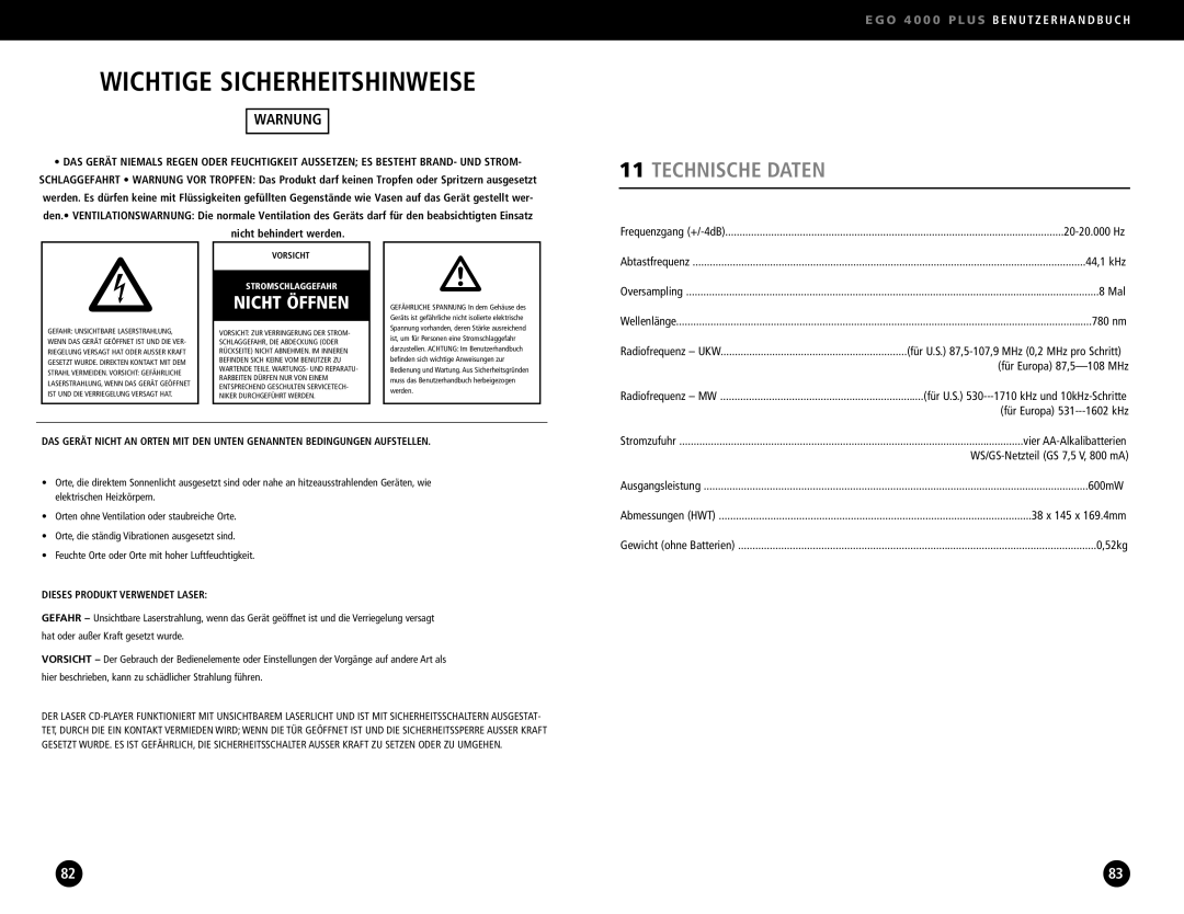 Ego Technology 4000 Plus manual Technische Daten, Warnung 