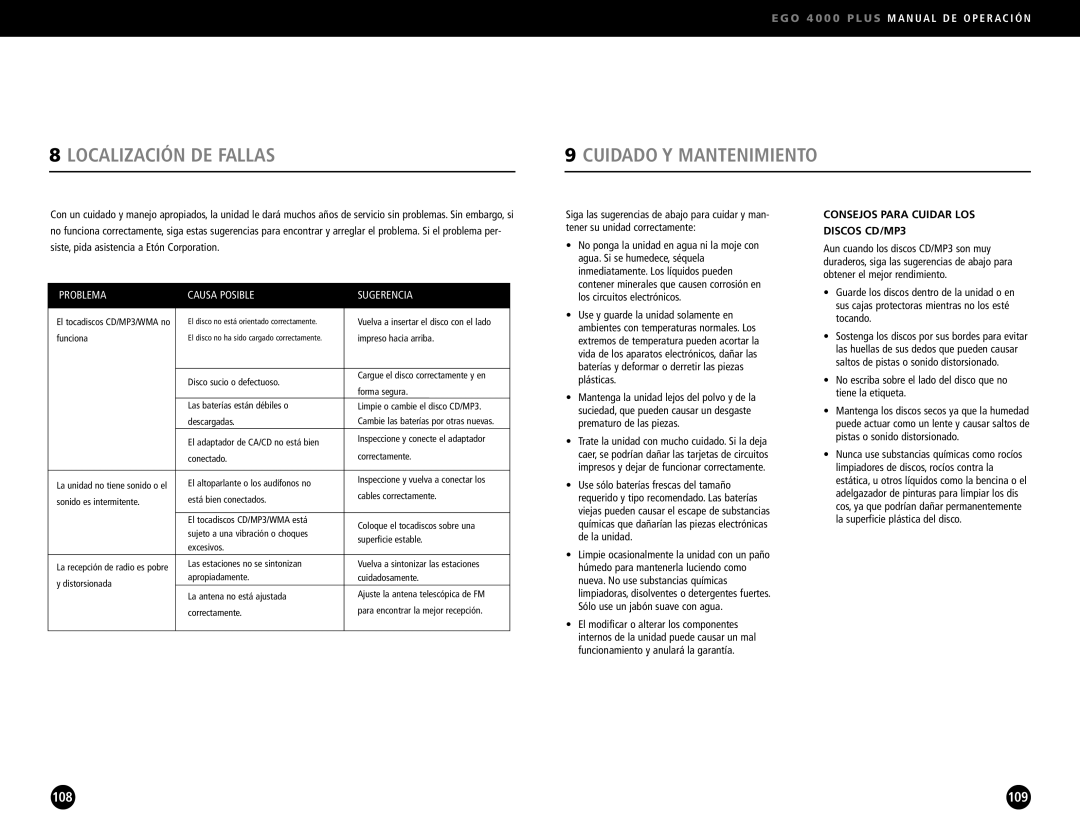 Ego Technology 4000 Plus manual Localización DE Fallas Cuidado Y Mantenimiento, Consejos Para Cuidar LOS Discos CD/MP3 