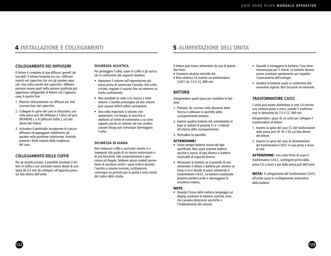 Ego Technology 4000 Plus manual Installazione E Collegamenti Alimentazione Dellunita, Collegamento DEI Diffusori, Batterie 