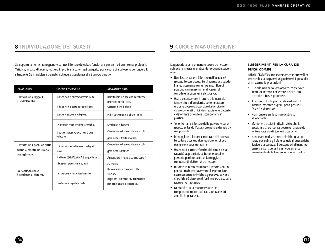 Ego Technology 4000 Plus manual Suggerimenti PER LA Cura DEI Dischi CD/MP3 
