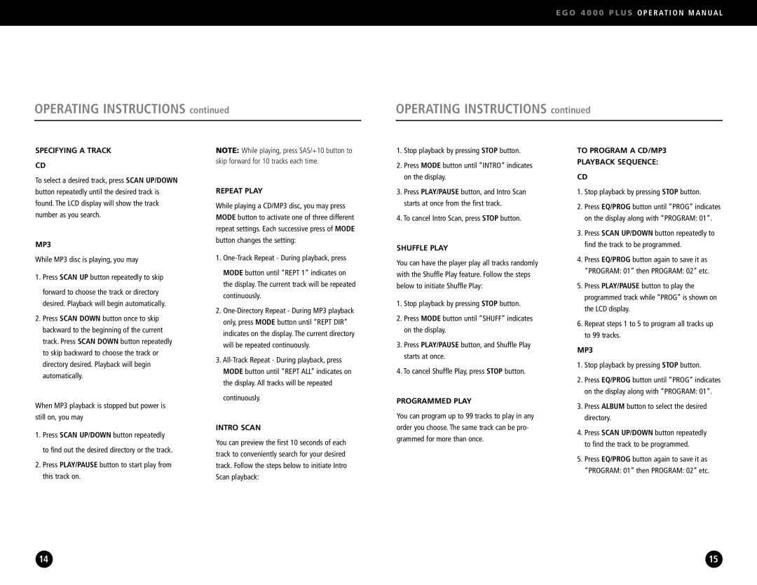 Ego Technology 4000 Plus manual Specifying a Track, MP3, Repeat Play, Shuffle Play, Intro Scan 