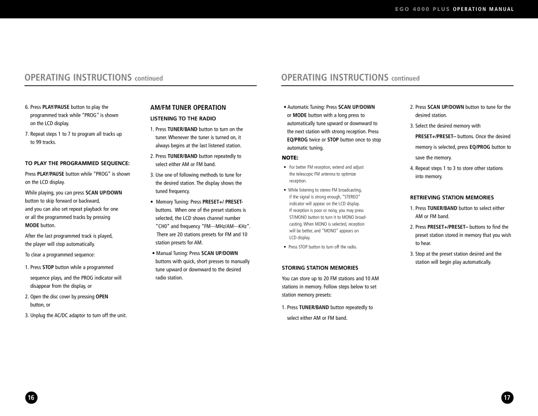 Ego Technology 4000 Plus manual AM/FM Tuner Operation, To Play the Programmed Sequence, Listening to the Radio 