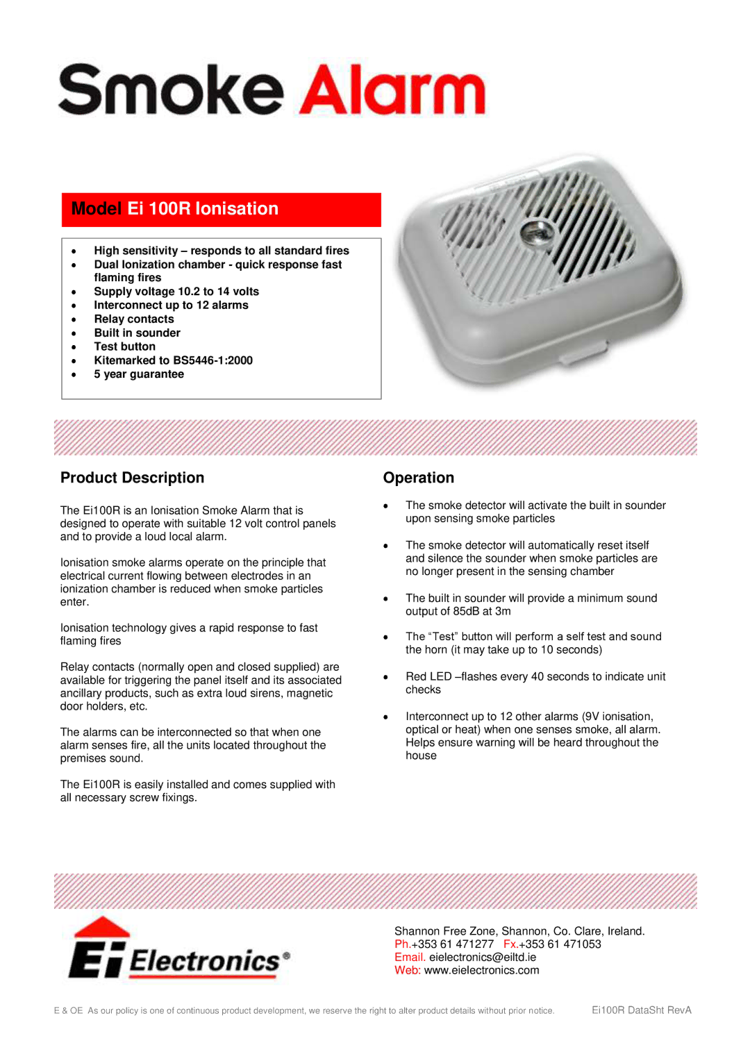 Ei Electronics manual Model Ei 100R Ionisation, Product Description, Operation 