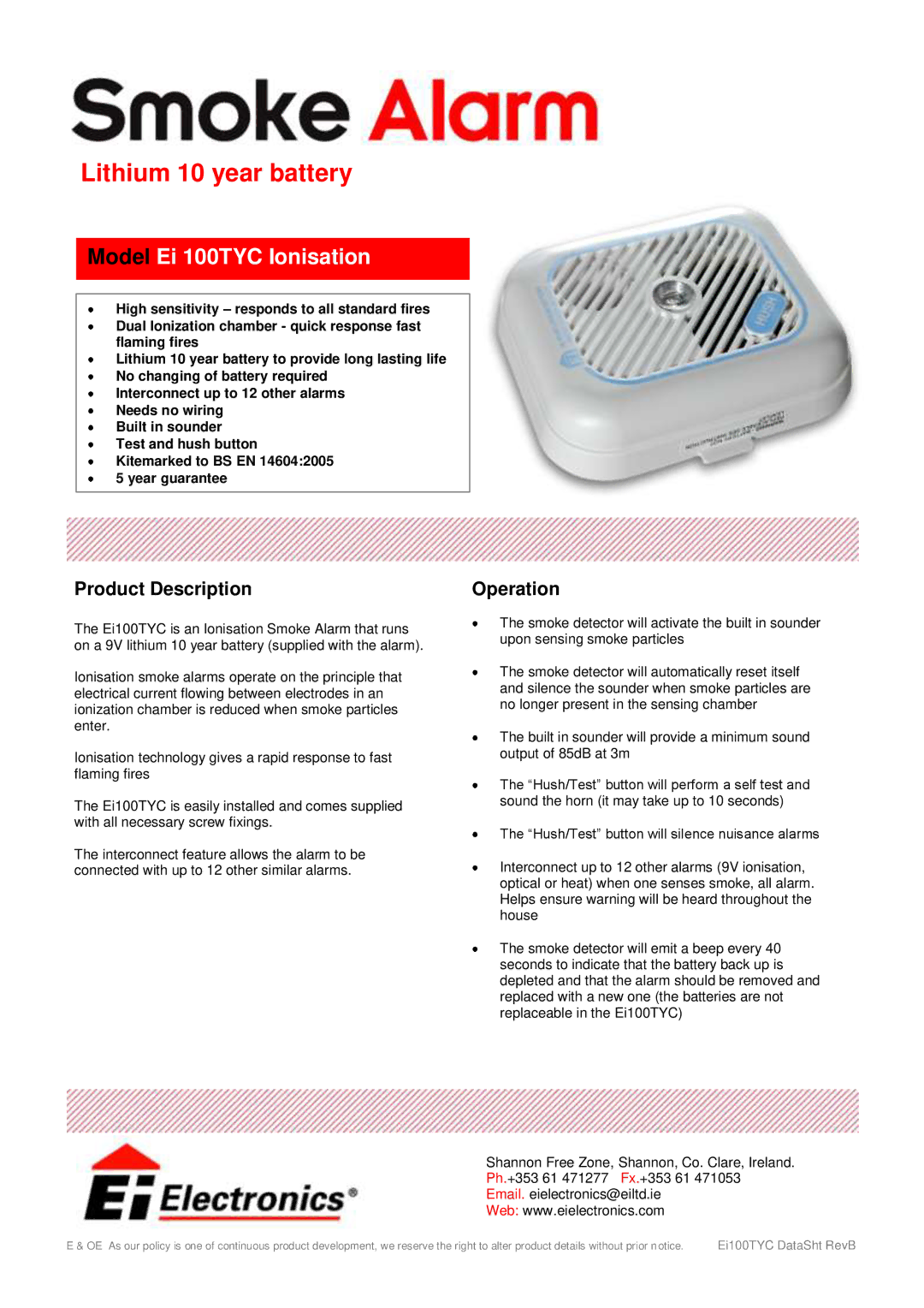 Ei Electronics manual Lithium 10 year battery, Model Ei 100TYC Ionisation, Product Description, Operation 