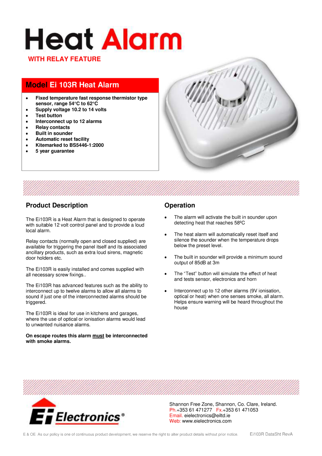 Ei Electronics manual Model Ei 103R Heat Alarm, Product Description, Operation 