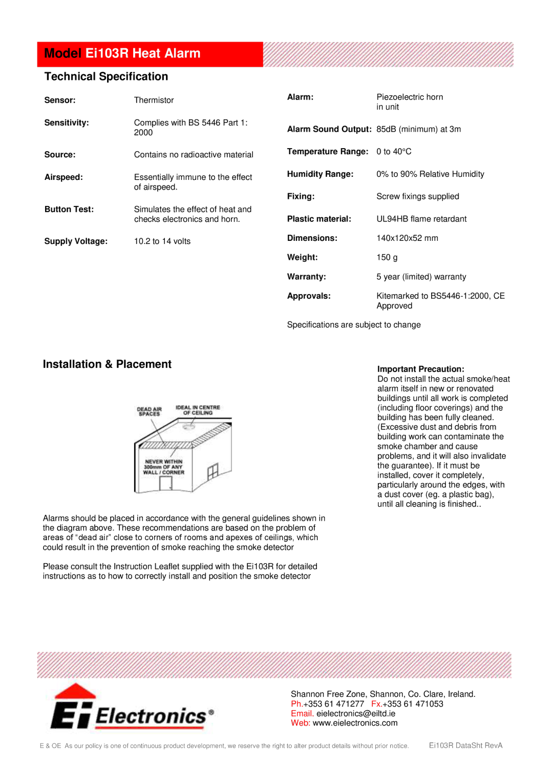 Ei Electronics Ei 103R manual Model Ei103R Heat Alarm, Technical Specification, Installation & Placement 