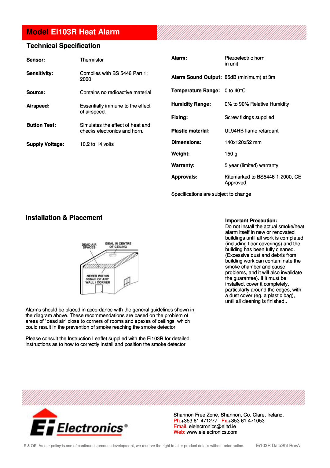 Ei Electronics Ei 103R manual Model Ei103R Heat Alarm, Technical Specification, Installation & Placement 