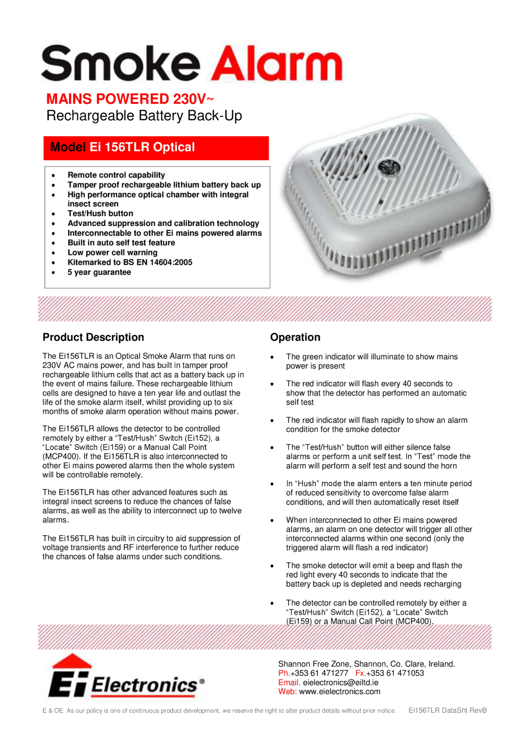 Ei Electronics Ei 156TLR manual Rechargeable Battery Back-Up, Product Description, Operation 