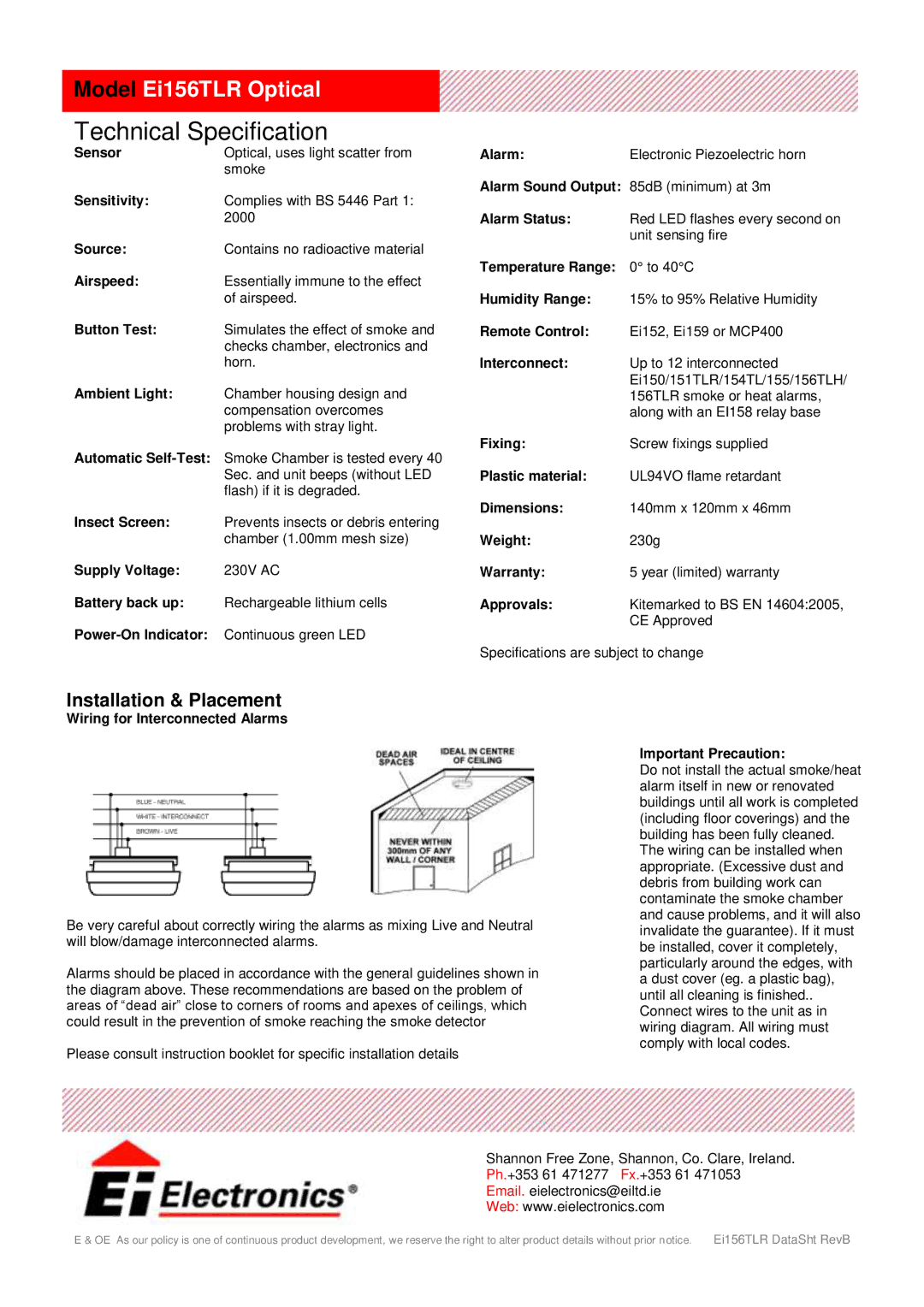 Ei Electronics Ei 156TLR manual Technical Specification, Installation & Placement 