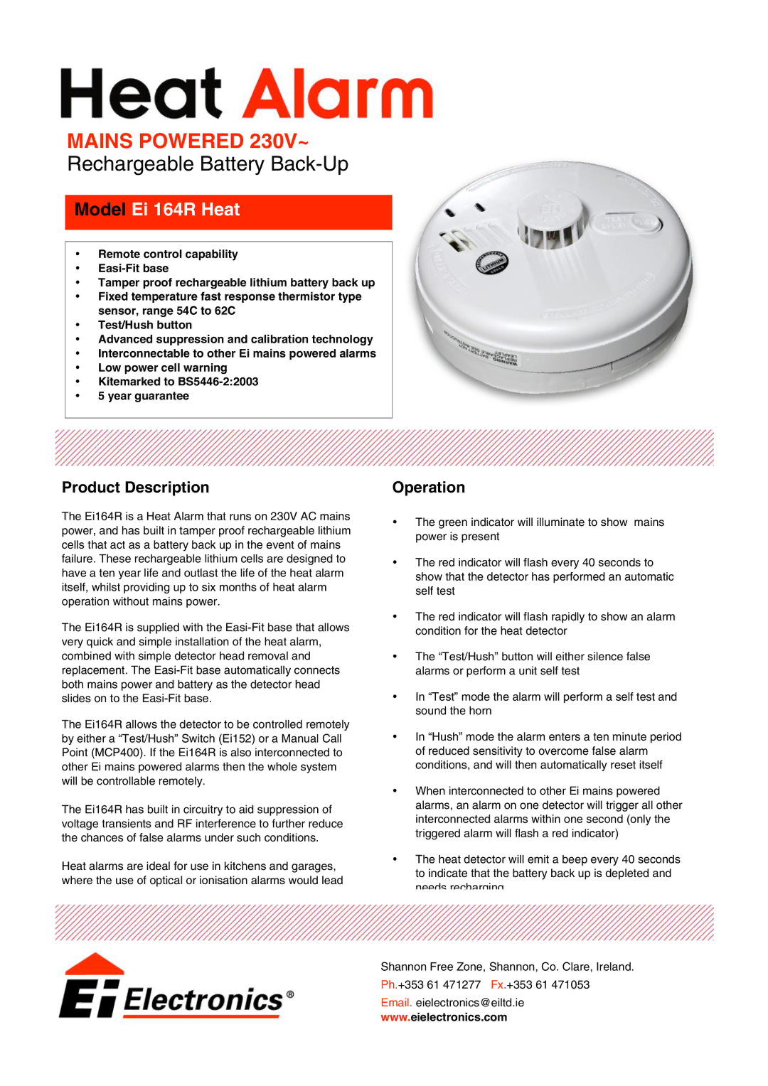 Ei Electronics manual Model Ei 164R Heat, Product Description, Operation 