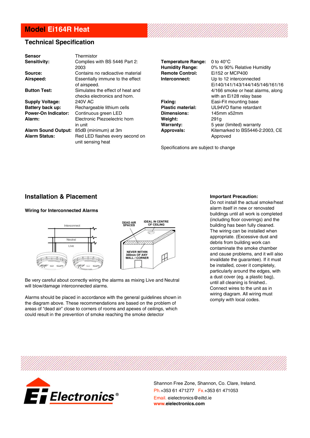 Ei Electronics Ei 164R Heat manual Model Ei164R Heat, Technical Specification, Installation & Placement 