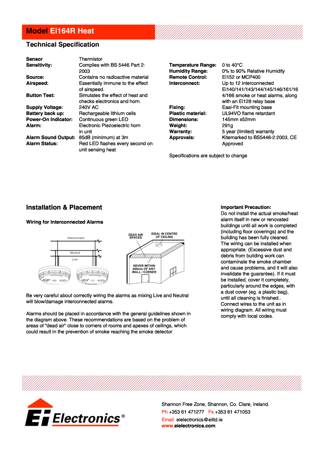 Ei Electronics Ei 164R Heat manual Model Ei164R Heat, Technical Specification, Installation & Placement 