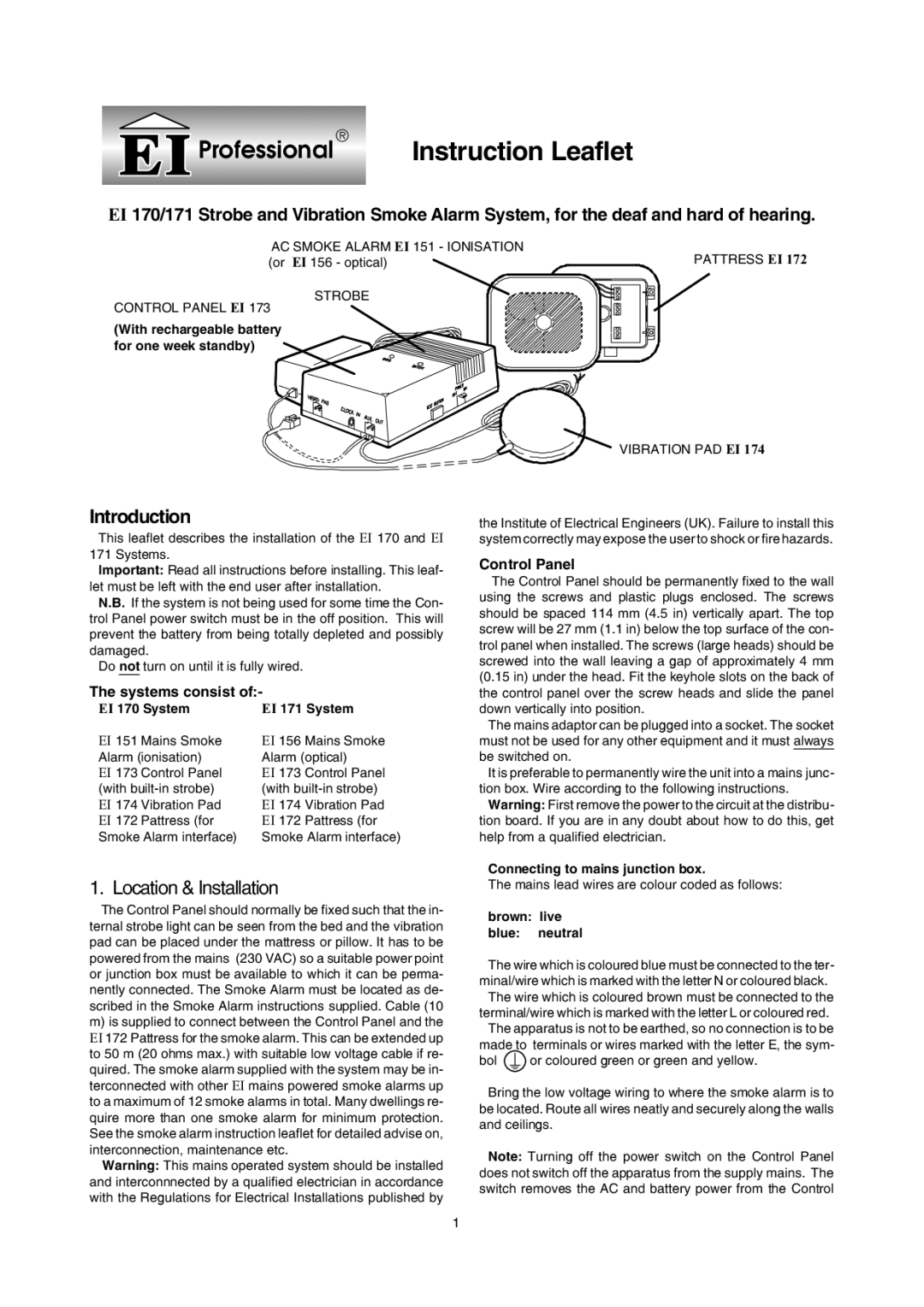 Ei Electronics EI 171, EI 170 manual Location & Installation, Systems consist, Control Panel 