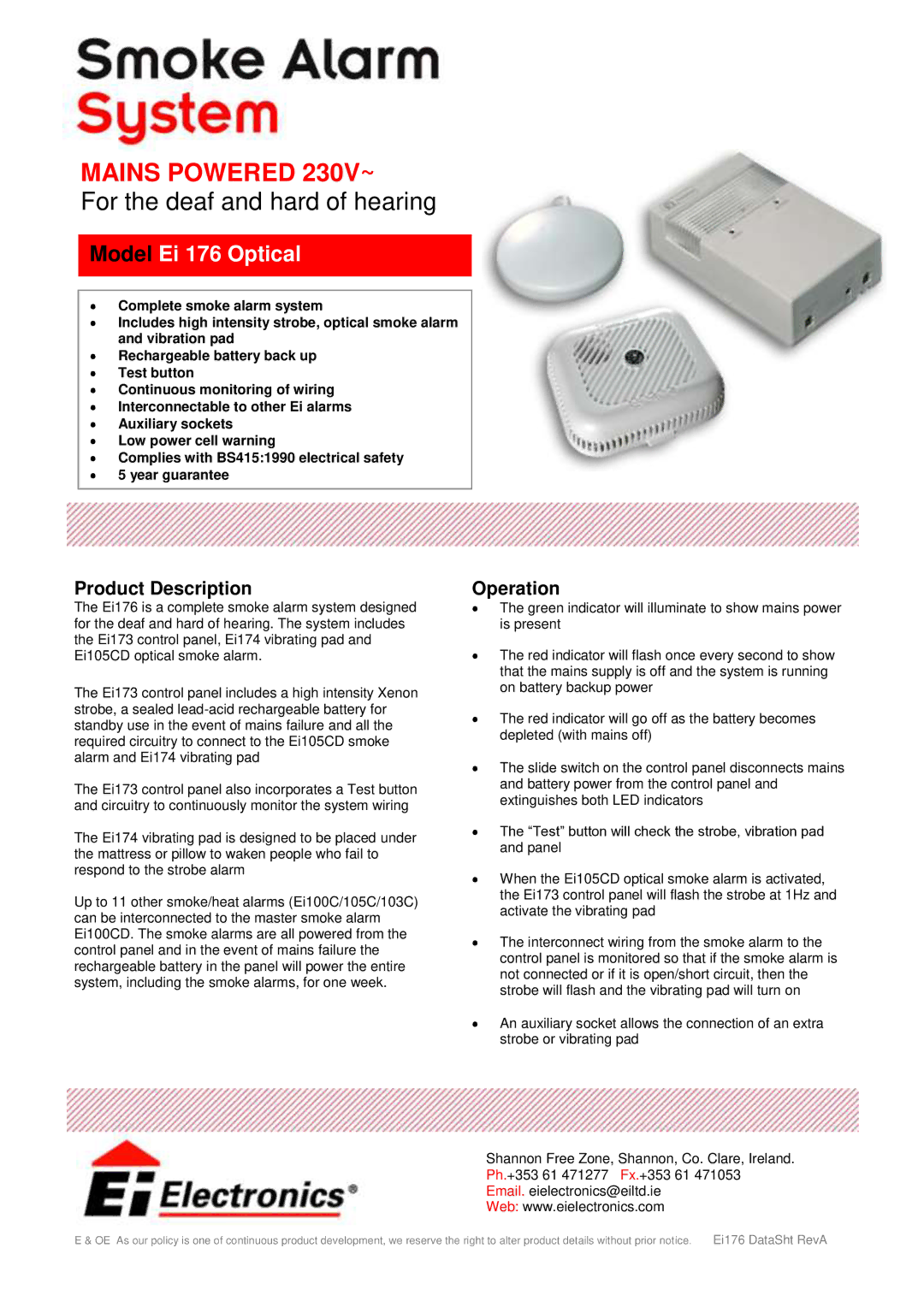 Ei Electronics manual Mains Powered 230V~, For the deaf and hard of hearing, Model Ei 176 Optical 