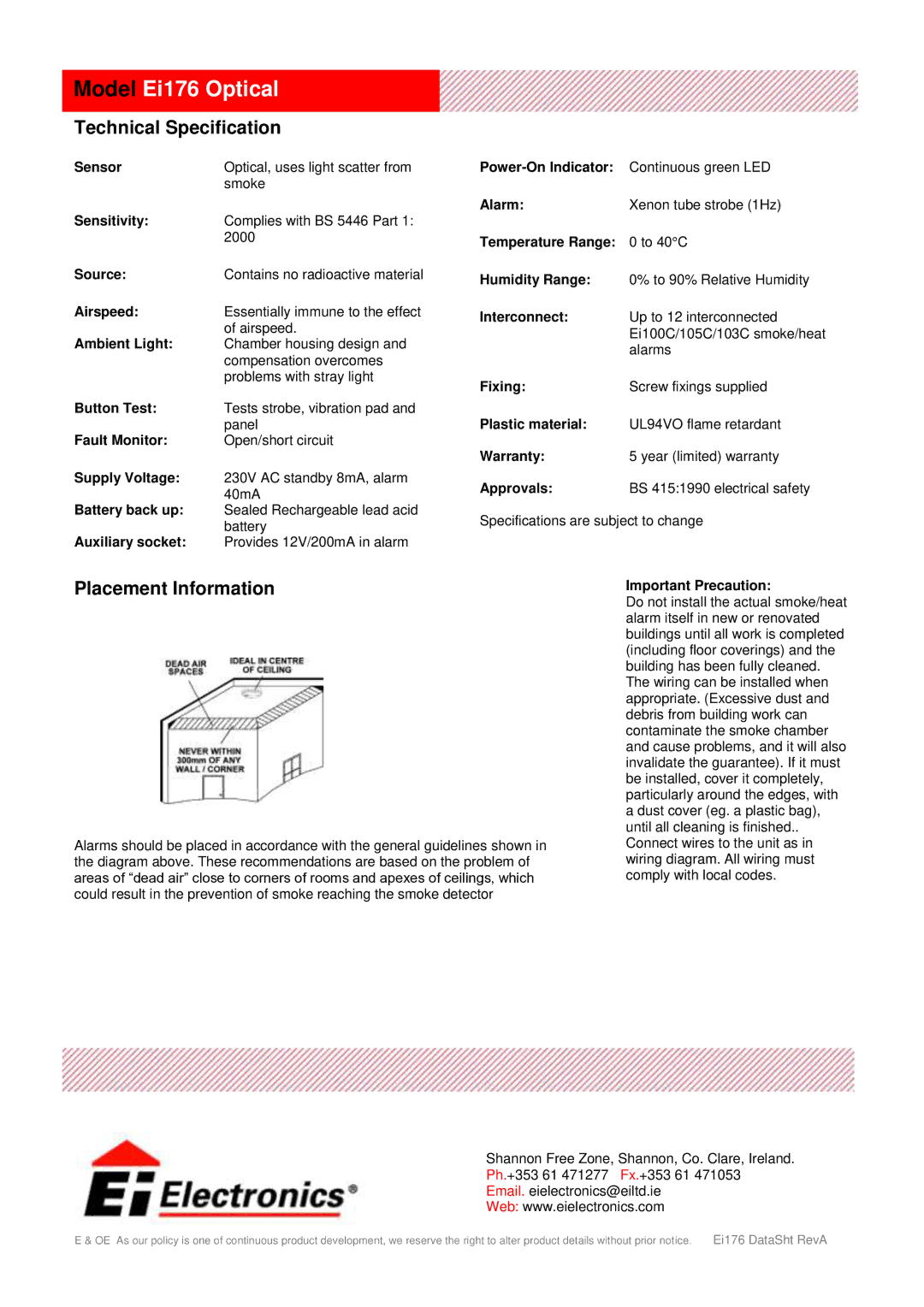 Ei Electronics Ei 176 manual Model Ei176 Optical, Technical Specification, Placement Information 