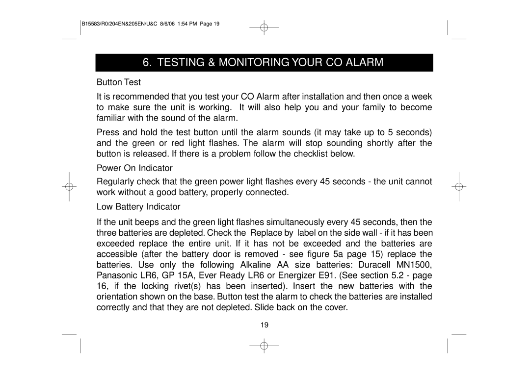 Ei Electronics Ei 204EN manual Testing & Monitoring Your CO Alarm, Button Test, Power On Indicator, Low Battery Indicator 