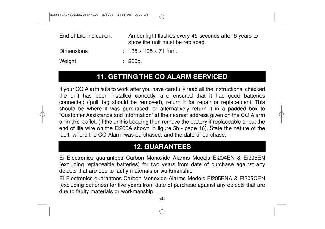 Ei Electronics Ei 205CEN, Ei 205ENA, Ei 204EN manual Getting the CO Alarm Serviced, Guarantees 