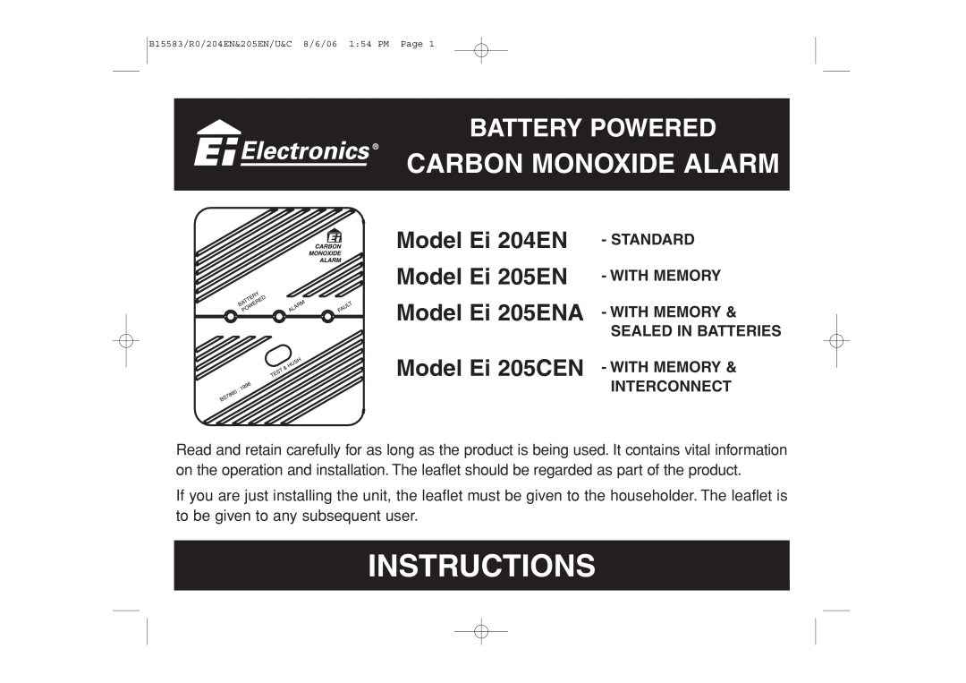Ei Electronics manual Model Ei 204EN Model Ei 205EN Model Ei 205ENA Model Ei 205CEN, Instructions, Battery Powered 