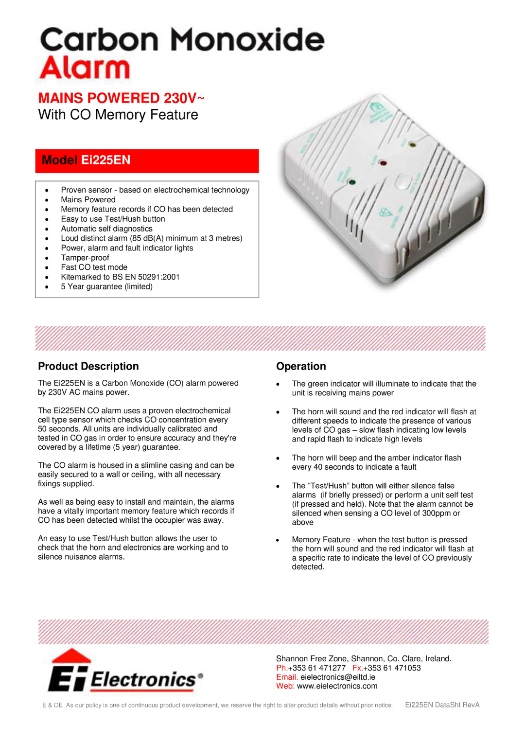 Ei Electronics Ei 225EN manual Mains Powered 230V~, With CO Memory Feature, Model Ei225EN, Product Description Operation 