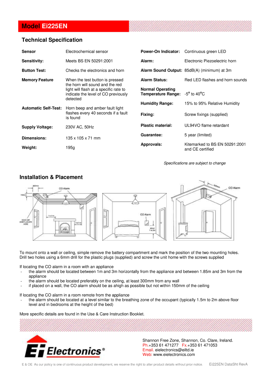 Ei Electronics Ei 225EN manual Technical Specification, Installation & Placement 