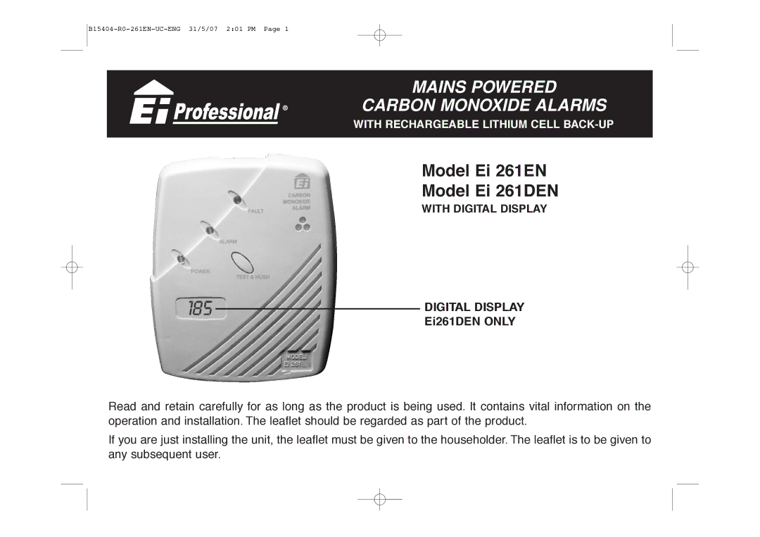 Ei Electronics Ei 261DEN, Ei 261EN manual Digital Display, Ei261DEN only 