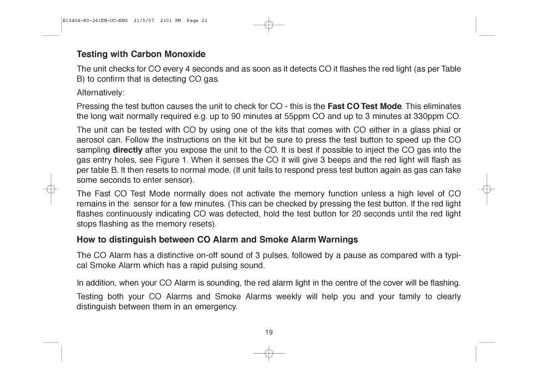 Ei Electronics Ei 261DEN, Ei 261EN manual How to distinguish between CO Alarm and Smoke Alarm Warnings 