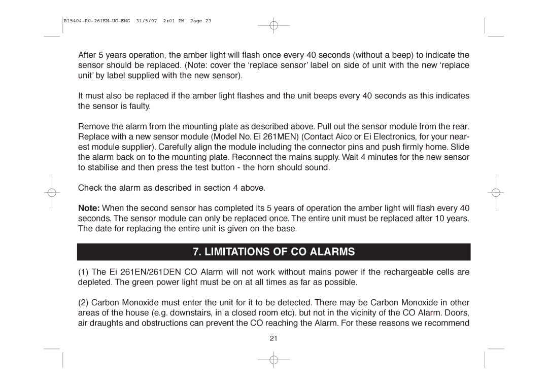 Ei Electronics Ei 261DEN, Ei 261EN manual Limitations of CO Alarms 