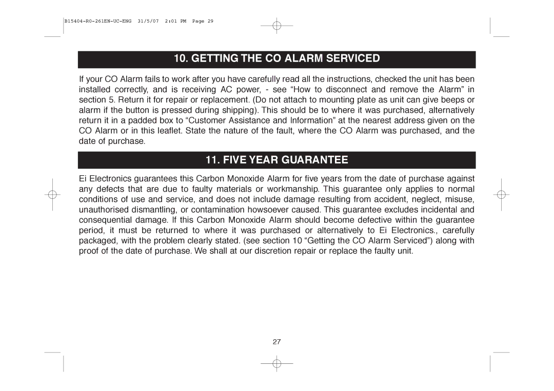 Ei Electronics Ei 261DEN, Ei 261EN manual Getting the CO Alarm Serviced, Five Year Guarantee 