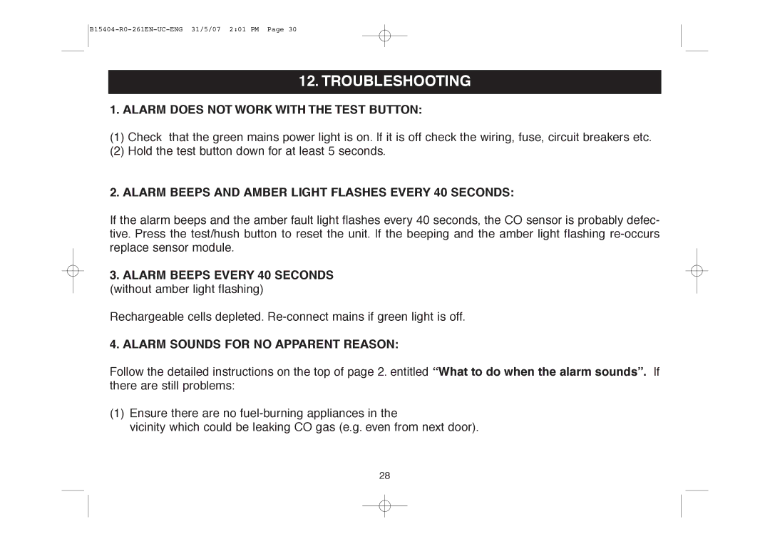 Ei Electronics Ei 261EN Troubleshooting, Alarm does not Work with the Test Button, Alarm Sounds for no Apparent Reason 