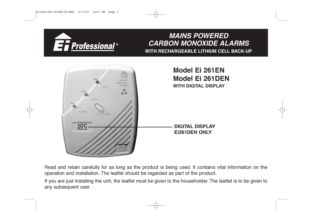 Ei Electronics manual Model Ei 261EN Model Ei 261DEN, Mains Powered Carbon Monoxide Alarms 