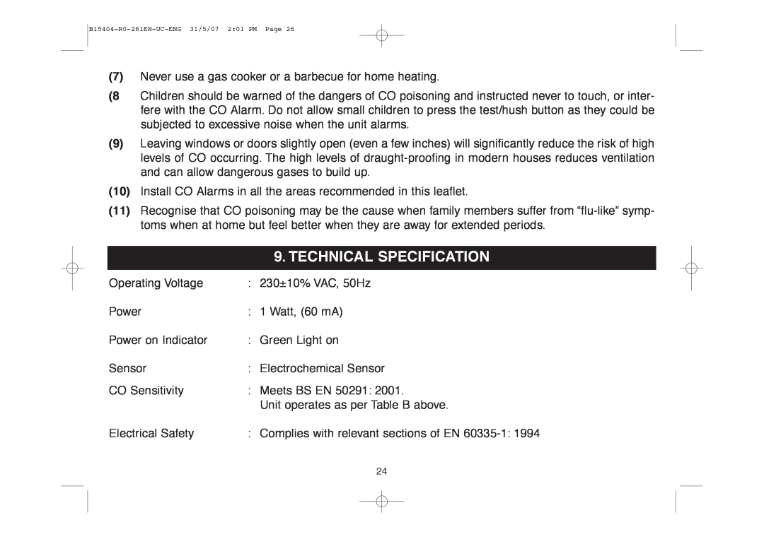 Ei Electronics Ei 261EN, Ei 261DEN manual Technical Specification 