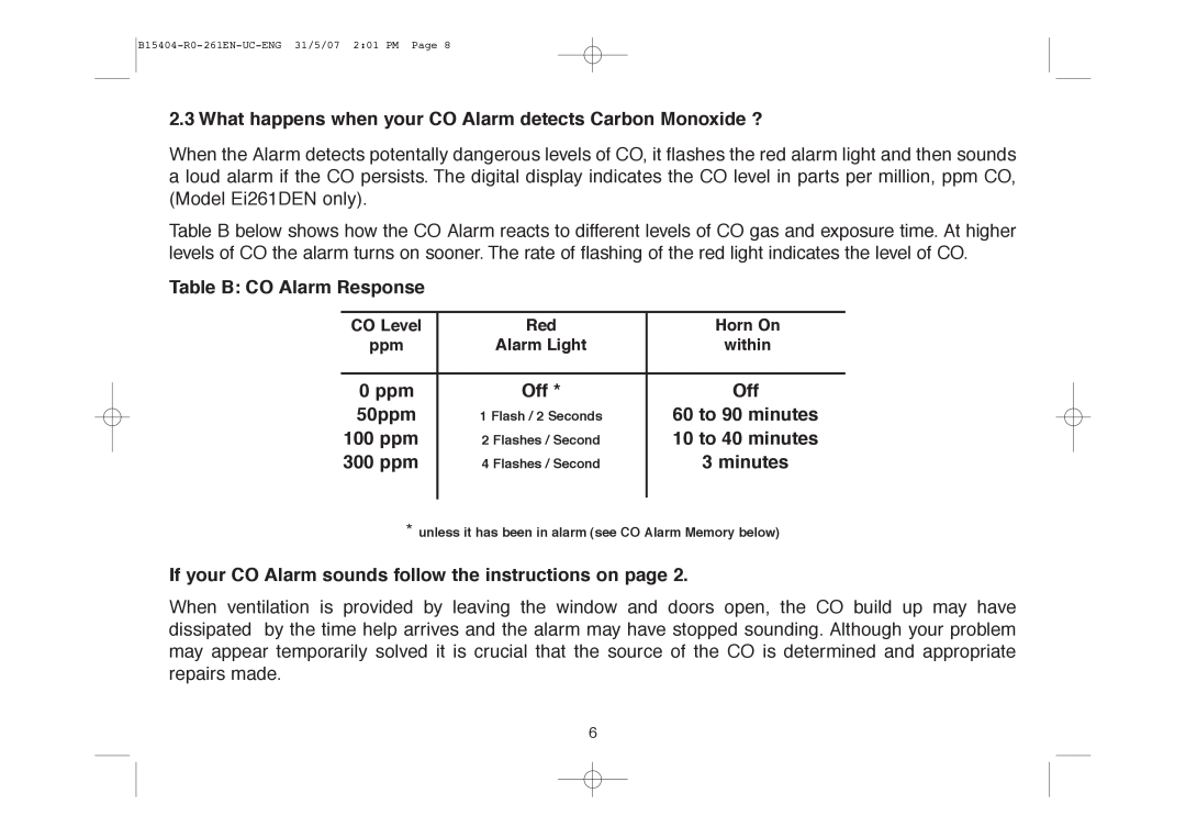 Ei Electronics Ei 261EN manual Table B CO Alarm Response, 50ppm, 60 to 90 minutes, 100 ppm, 10 to 40 minutes, 300 ppm 
