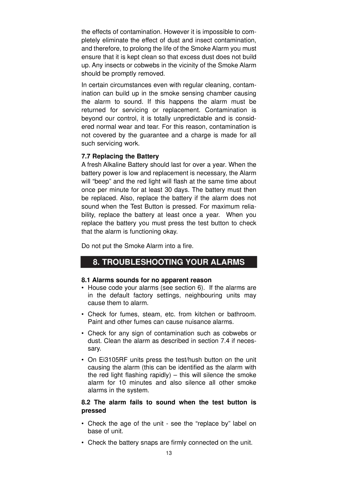 Ei Electronics Ei 3100RF manual Troubleshooting Your Alarms, Replacing the Battery, Alarms sounds for no apparent reason 